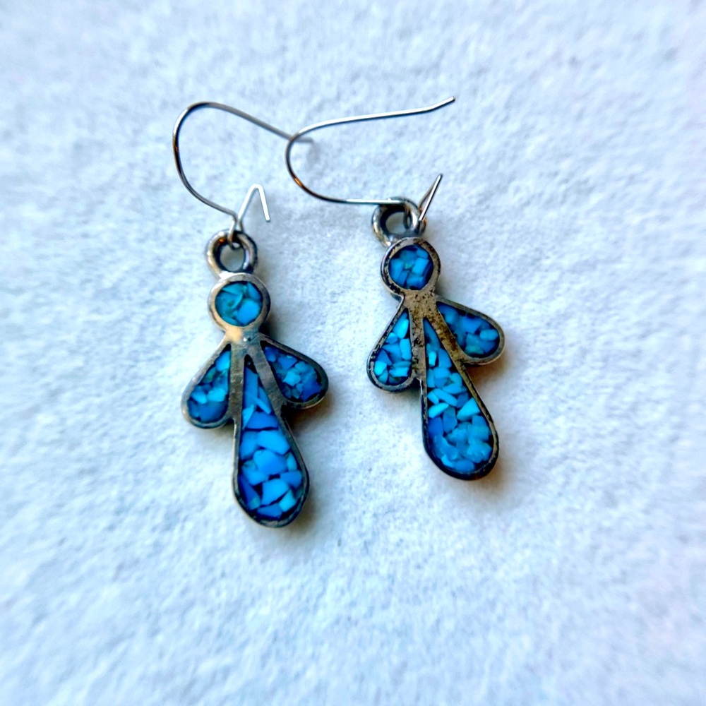 Vintage Silver & Turquoise Angel Cross Drop Earrings Southwestern